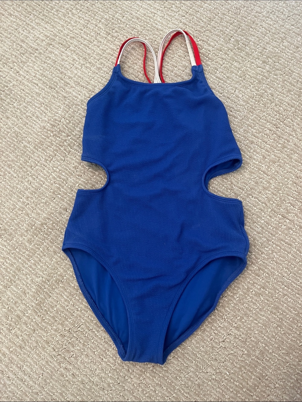 art class Royal Blue One-Piece Cutout Swimsuit with Red/White Straps